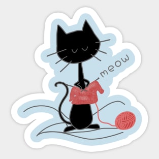 Black Knitting Cat - Light Blue Sticker